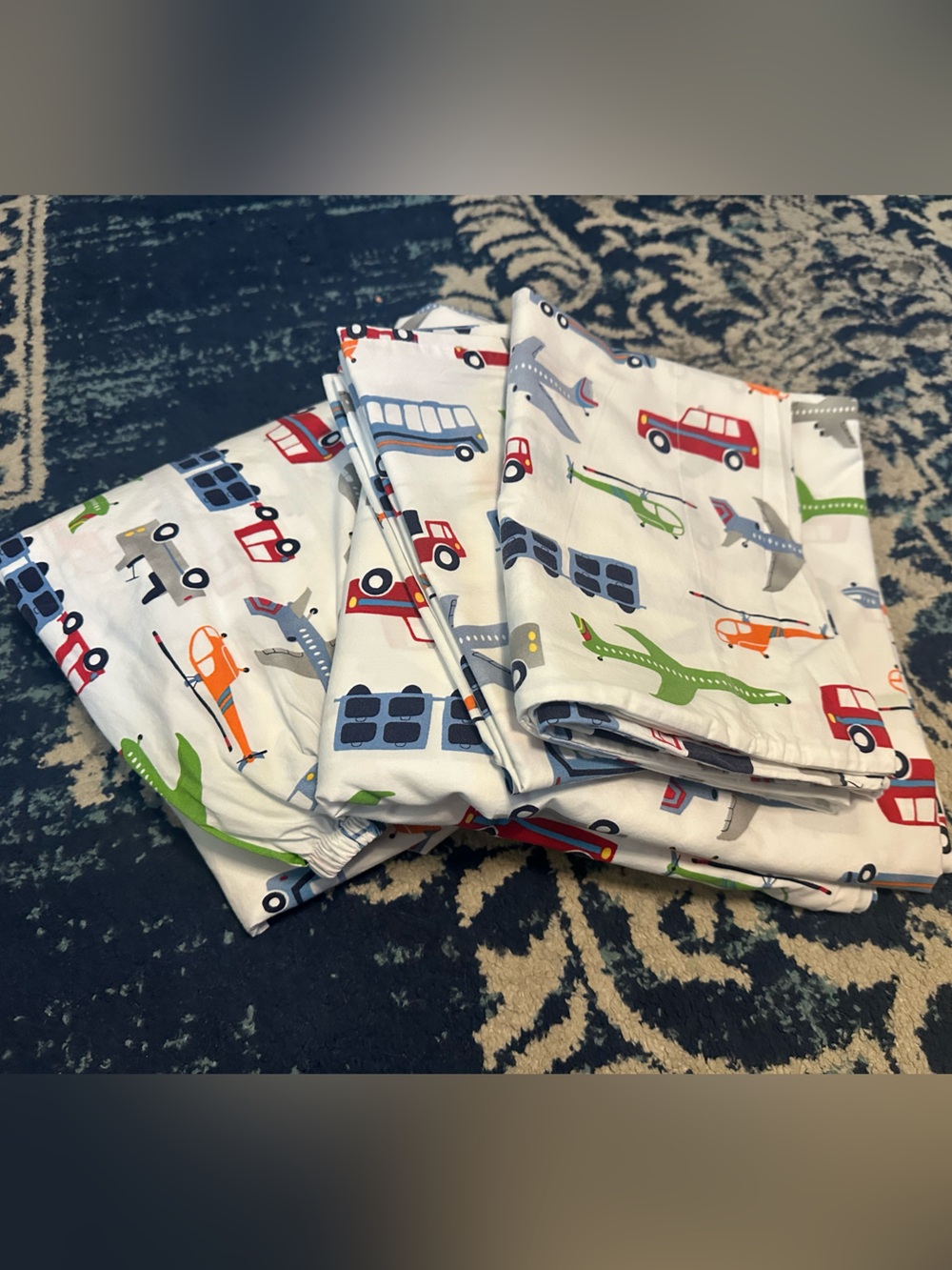 Pottery Barn Kids Vehicle Print Sheet Set in White, Red, Blue, Brody Full Size